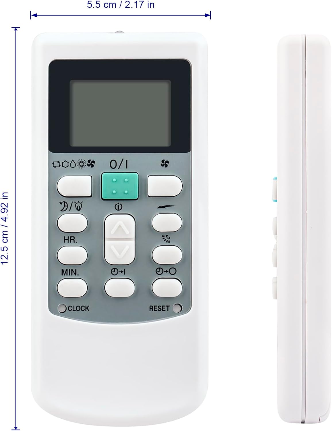 Hlið view of the AULCMEET HYK-02 HYK-03 HYK-07 AC remote control, showing its slim profile and additional buttons on the side.