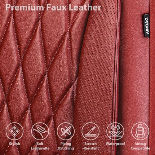 Image of CAR PASS Piping Luxury Faux PU Leather Two Front Car Seat Covers, Waterproof Anti Slip Premium Automotive Seat Covers,Universal Fit for Suvs,Vans,Trucks, Armrest Airbag Compatible, Burgundy Red