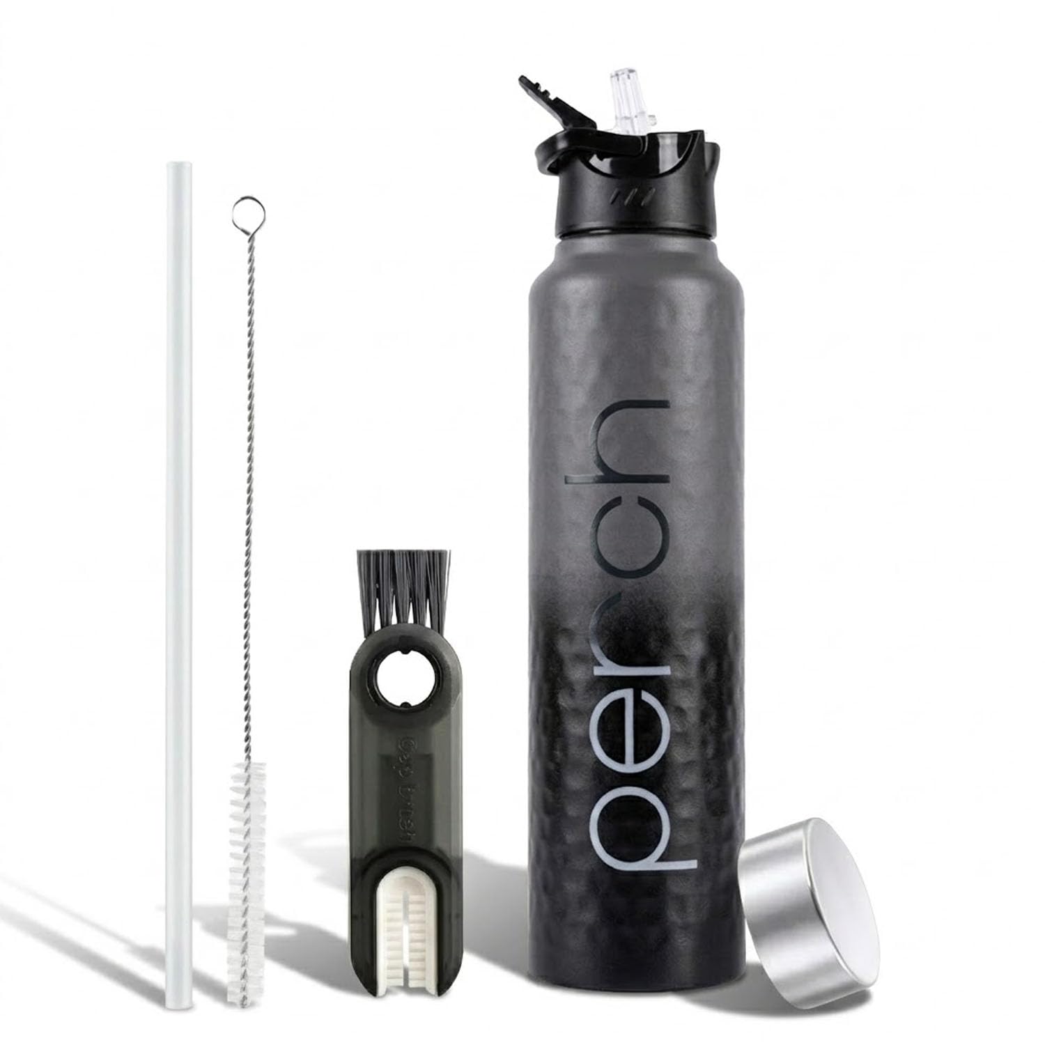 Perch Water Bottle 1ltr Stainless Steel with Straw Sipper Cap & Cleaning Brush|Single Wall Fridge Bottle| For Home, School, Office, Gym, Travelling |Lightweight | BPA Free, Magic 1000ml Black Hammered