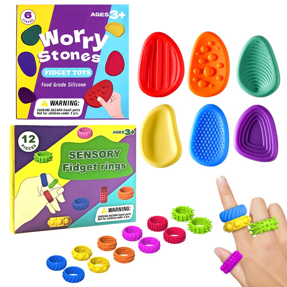 6Pcs Sensory Stone And 12 Pack Sensory Spinner Rings, Fidget Toy, Autism Toys, Silent Fidget Toys