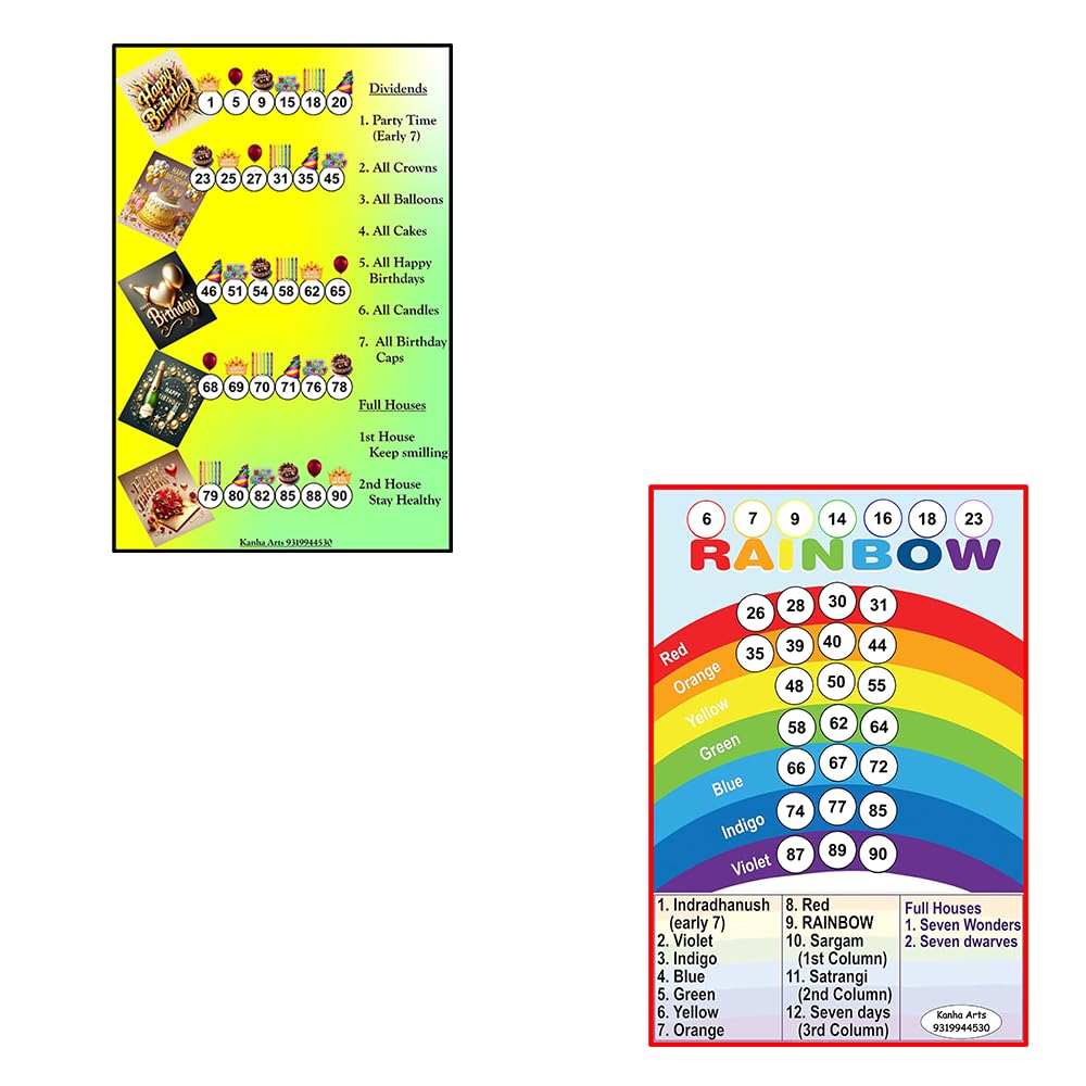 Kanha Arts Rainbow Tambola & Birthday Party Tambola Housie Durable Hard Card Sheet Material for Interactive Learning & Play