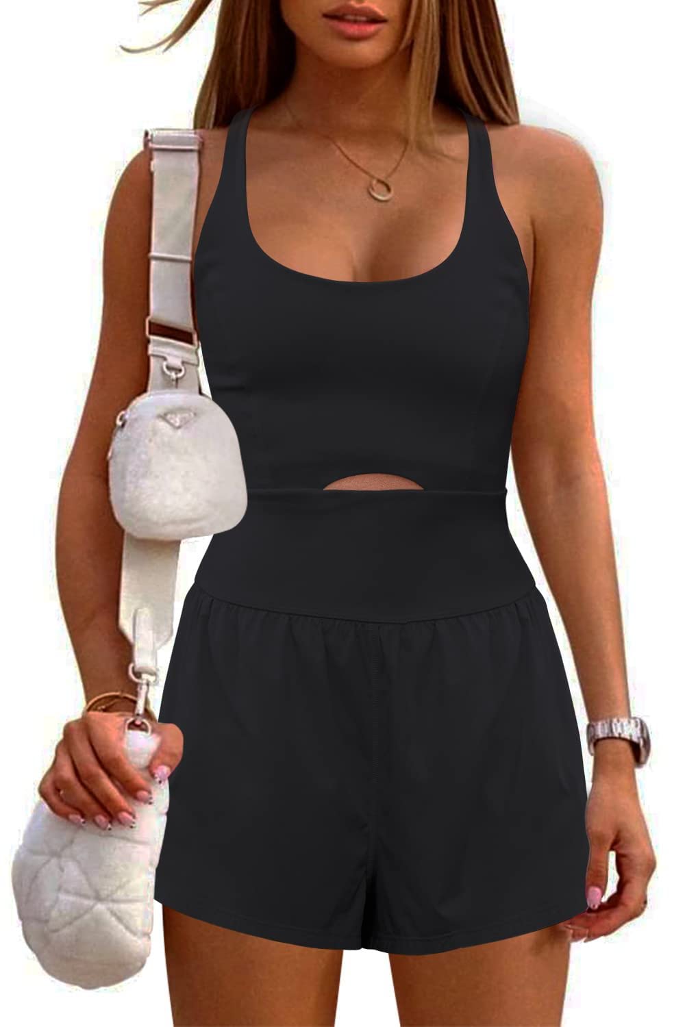 hixswnu Damskie śpioszki treningowe sporty na świeżym powietrzu kombinezon szorty + wycięty krzyż tył tank top siłownia joga ćwiczenia kombinezony
