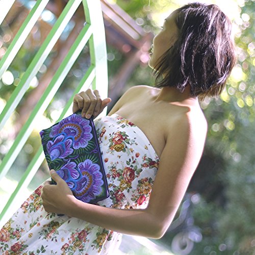 Image of Sabai Jai - Floral Embroidered Boho Clutch - Handmade Ethnic Flower Wristlet Purse