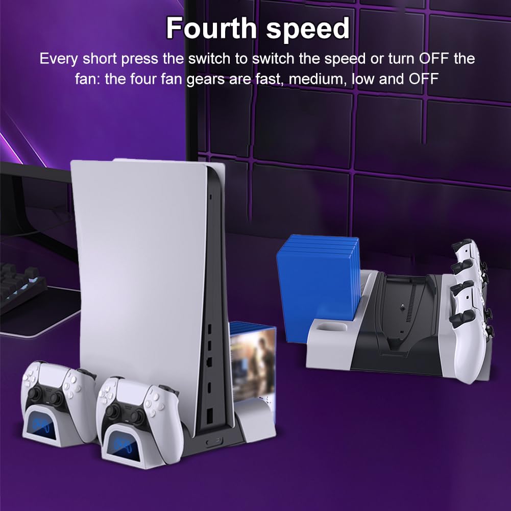 Soporte vertical y estación de refrigeración para PS5 Pro/Slim con doble controlador de carga y organizador de juegos