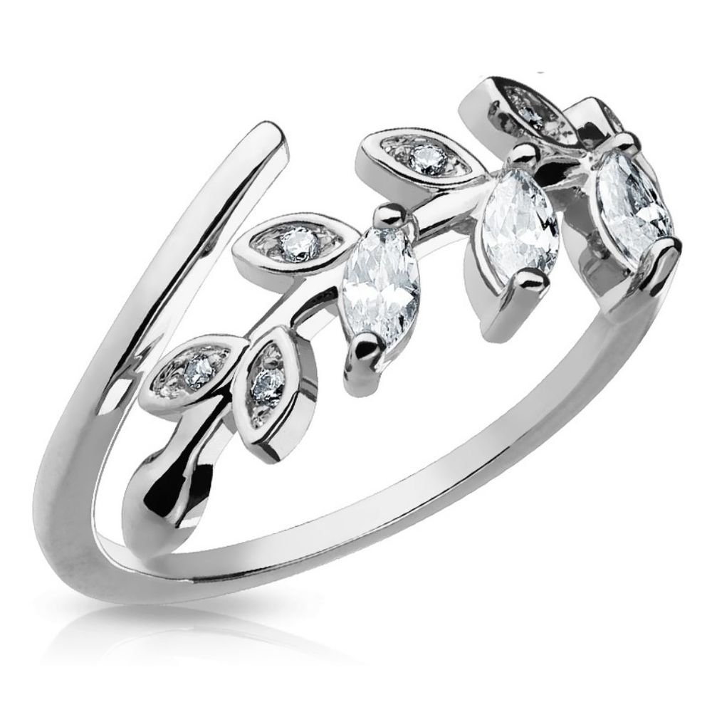 Bungsa Kristall Blätter Zehenring Zirkonia ~WÄHLBAR IN Gold, Rosegold UND Silber ~ Brass Rhodium für Damen (Zehring Fussschmuck Fussring Toe-Ring Nail Ring Nagelring biegbar verstellbar)