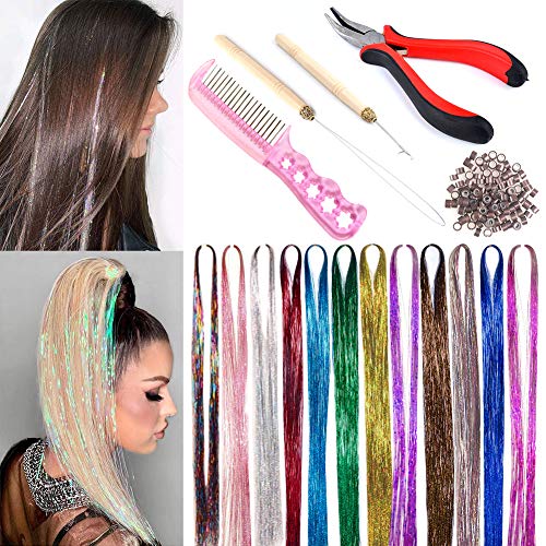 Haar Lametta mit Werkzeugen 12 Farben 1800 Strähnen Sparkling Shiny Lametta Haarverlängerungen Haar Lametta Strands Kit für Frauen Mädchen 100CM Cover