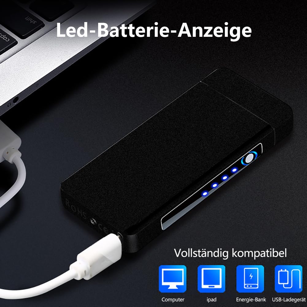 SKRFIRE Briquet tempête à arc plasma rechargeable par USB avec affichage LED de la batterie, arrêt automatique pour camping, barbecue, bougie en plein air (noir mat prestige)