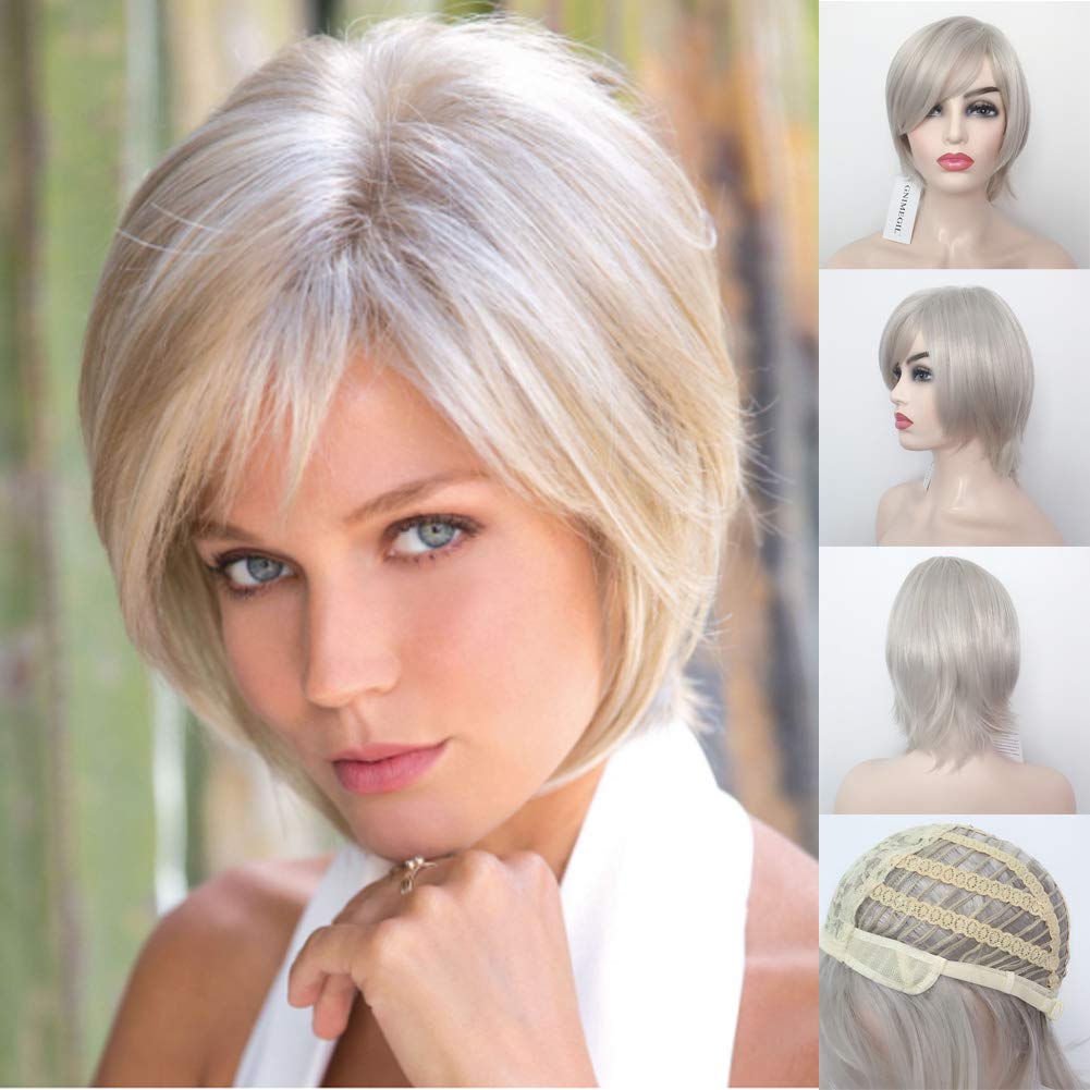 GNIMEGIL 11 Inch Short Platinum Blonde Straight Bob Wigs Synthetic Fiber Hair Replacement Wigs for White Women Costume Party Cosplay Halloween Wig