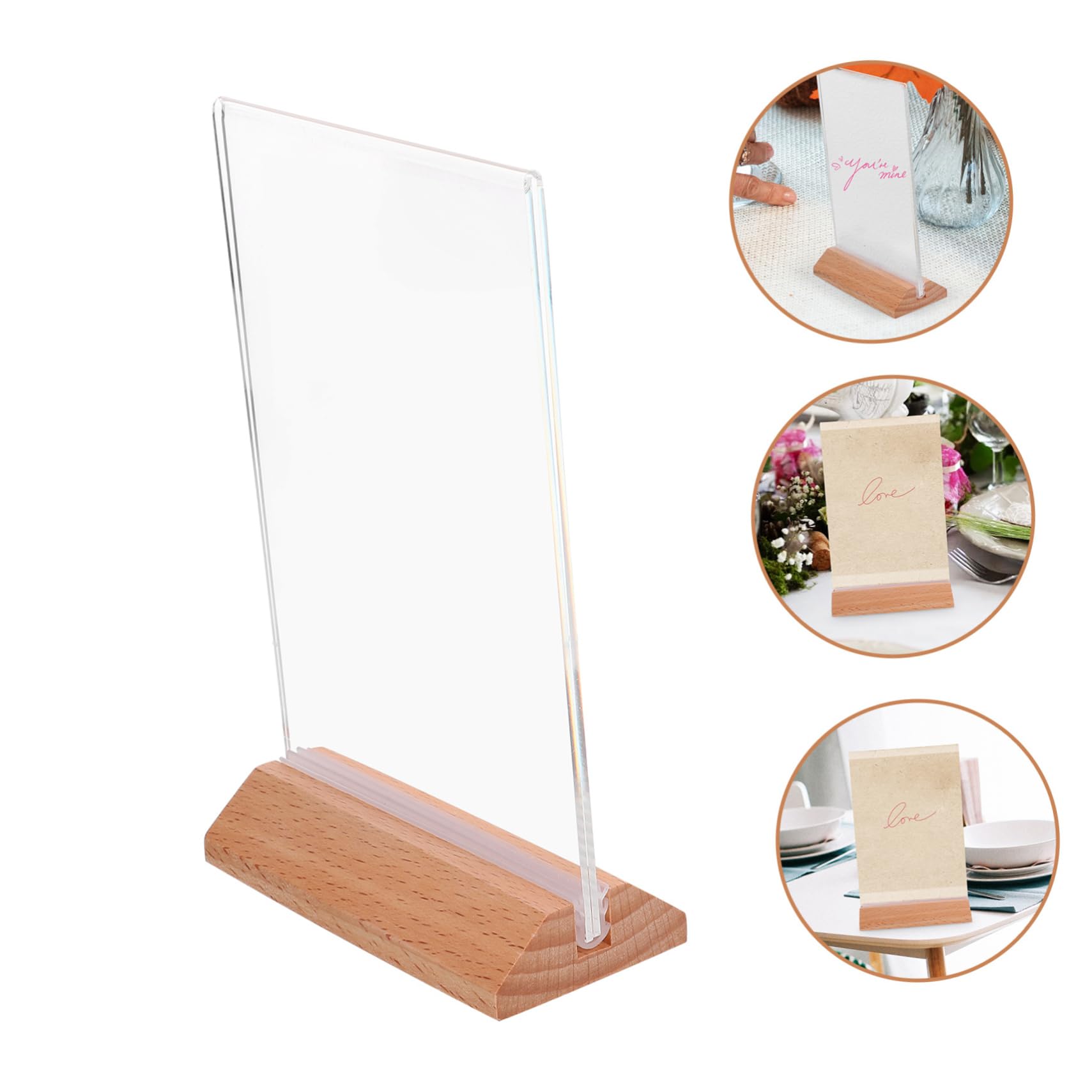 6 Stück Acryl Tischaufsteller mit Holzsockel, A6, Vertikal | 100 X 150mm Format, Beidseitige Anzeige, Unten Befüllbares Design, Leicht zu Platzieren und Entnehmen