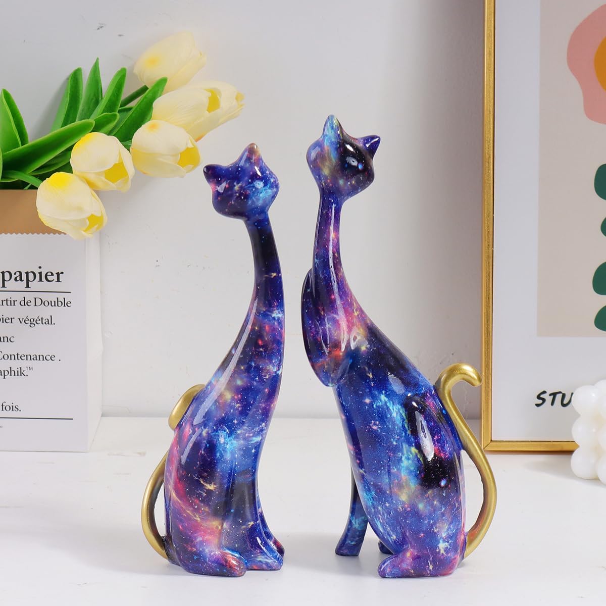 masteymoh 2 Cat Statues, Multicolor Cat Figurine Resin Home Decor Splash Color Starry Sky Cat Animal Sculpture Kitten Figurine Modern Home Office Desktop Decoration (Starry Sky KY147)