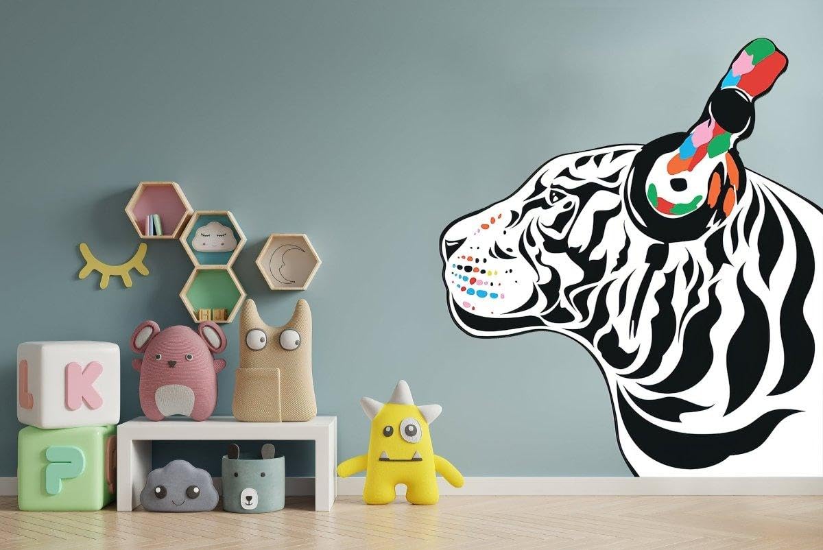Decalcomania da parete in vinile, motivo: tigre DJ ispirata alla musica, per pareti, 63 x 55 cm, colore: bianco