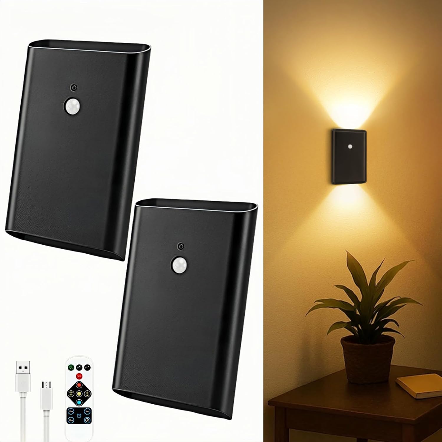 Battery-Operated Motion Sensor Wall Light: 5000mAh Rechargeable Wall Sconce Set of 2 Motion Sensored Closet Light Magnetic Stair Lights Indoor Wireless Wall Sconces Night Light for Bedroom Hallway Black 2 Pack
