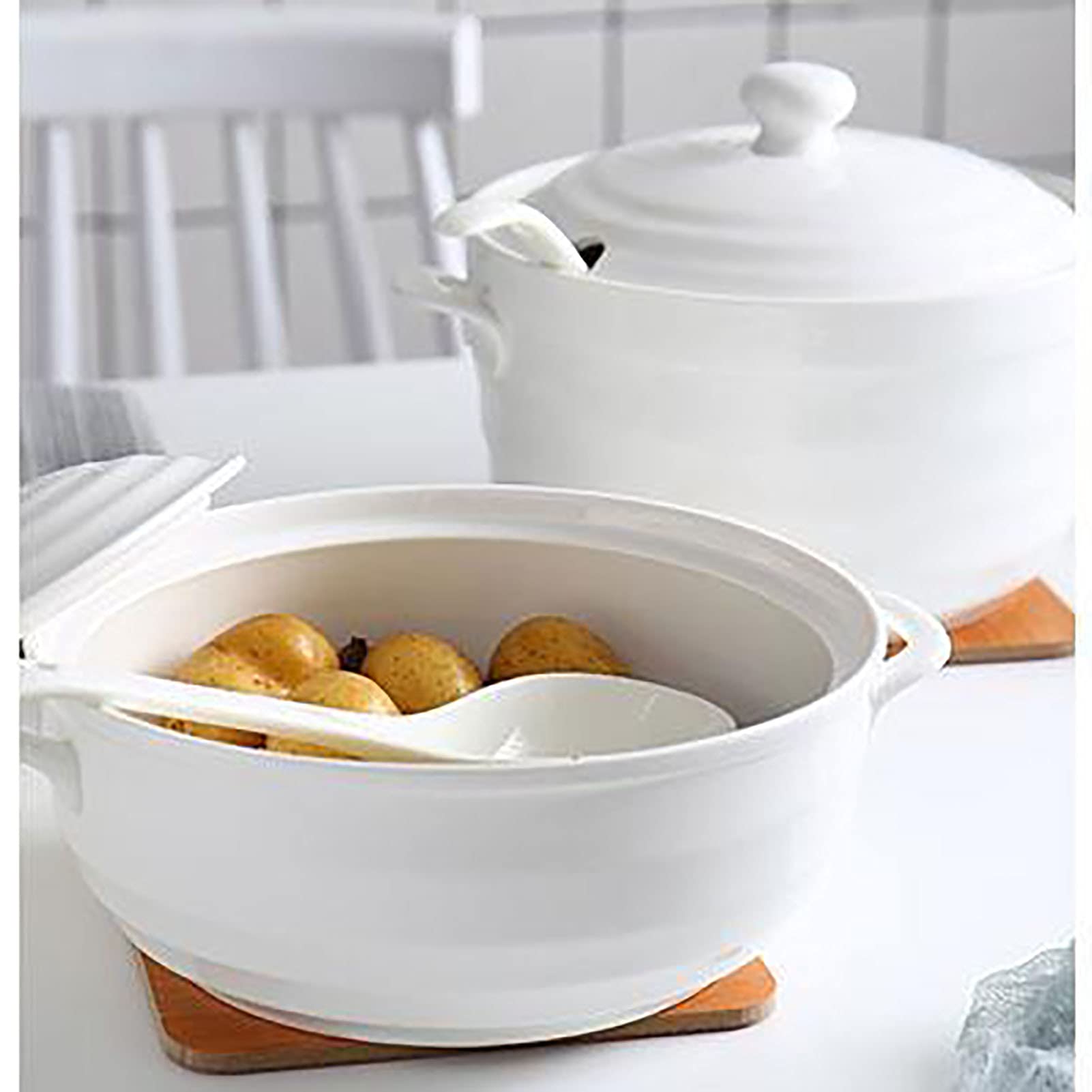 Soupière Porcelaine avec Cuillère Ceramic Cooking Pot/Clay Pot/Earthen Pot/Ceramic Cookware with White Lid Heat-Resistant,2200ML