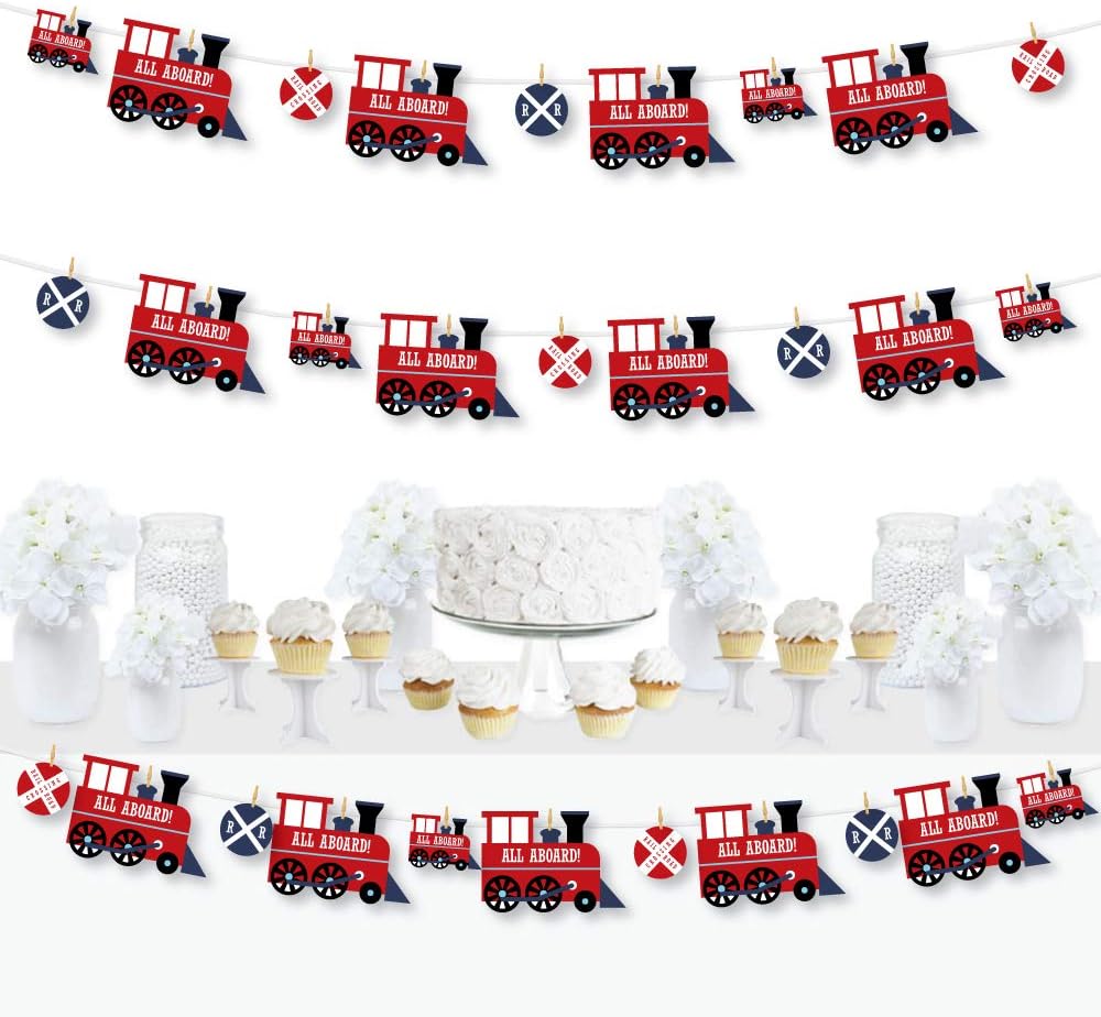 Big Dot of Happiness Railroad Party Crossing - Steam Train Birthday Party or Baby Shower DIY Decorations - Clothespin Garland Banner - 44 Pieces