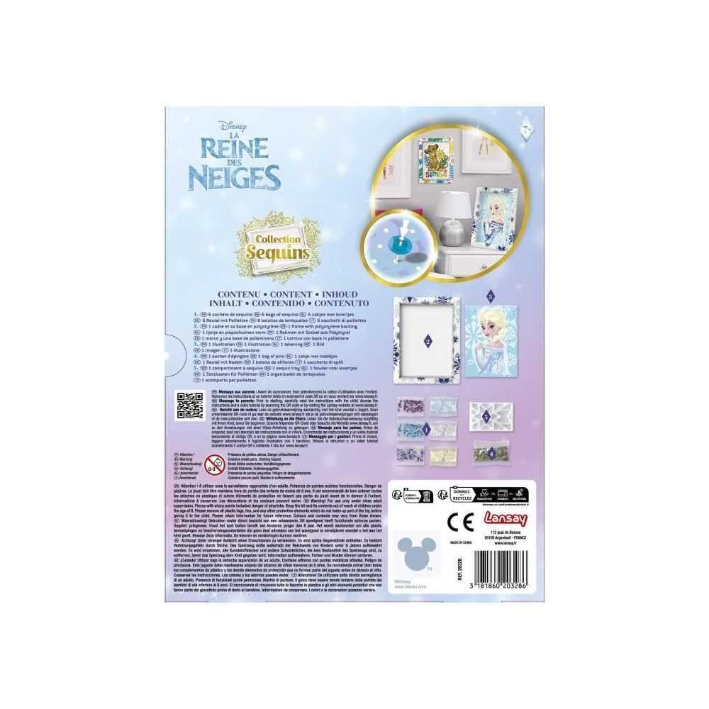 Lansay - COLLECTION SEQUINS - Elsa La Regina delle Nevi - Kit Mosaico con Paillettes per Bambini dai 7 Anni - Quadro Scintillante con Cornice, Paillettes e Spilli - Idea Regalo Creativa Disney