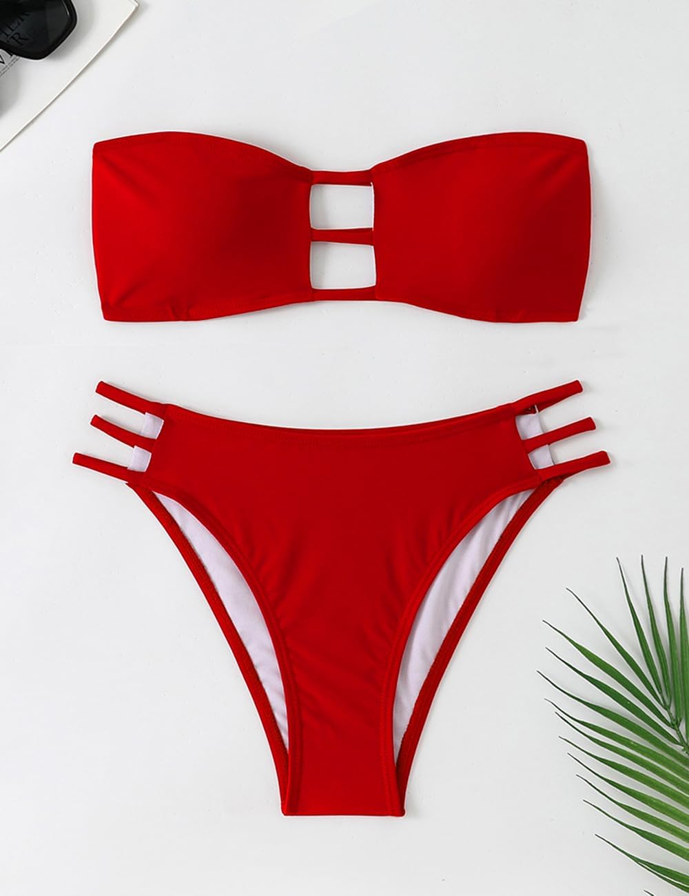 Tainehs Women's Two Piece Strapless Bikini Sets Bandeau Cutout Swimsuit High Cut Bathing Suits - Image 3