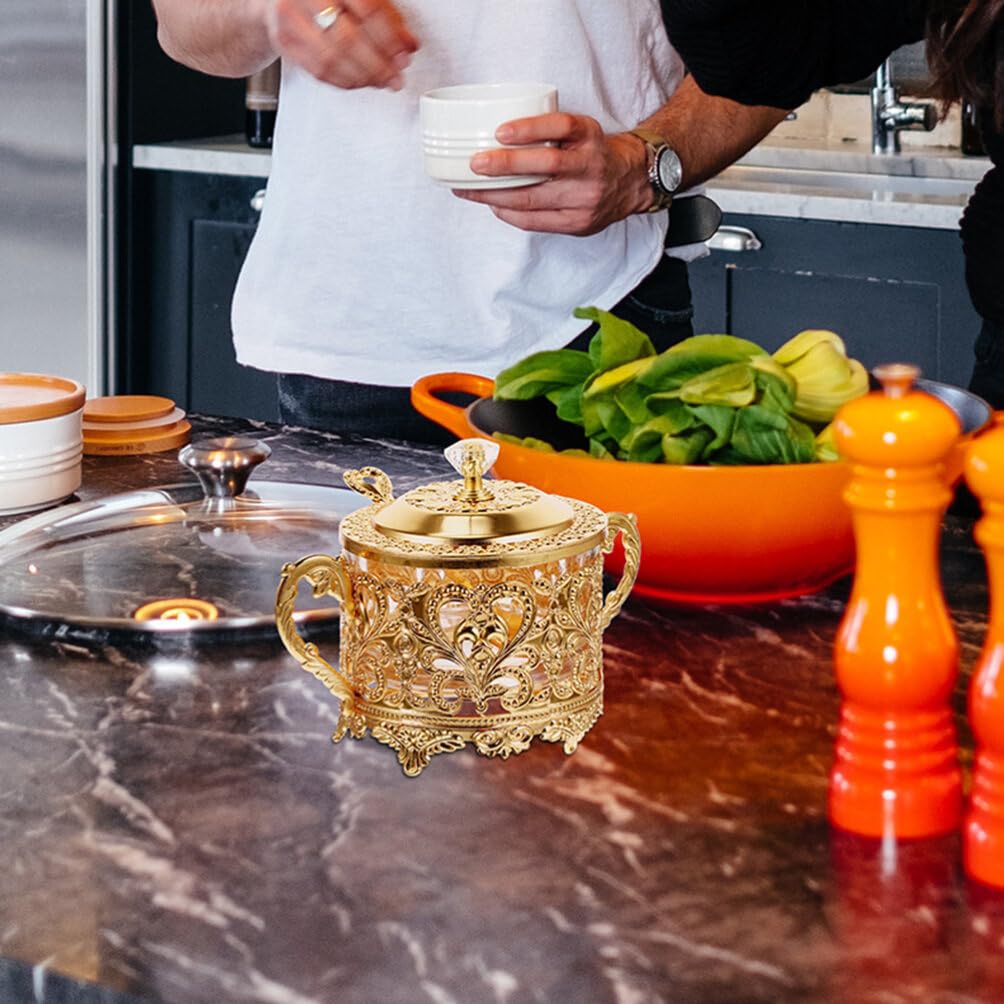 Cabilock 2pcs Sugar Bowl with Lid and Spoon Gold Metal Glass Condiment Containers Vintage Salt Server for Sugar Cube Storage Kitchen Coffee Bar Wedding Party