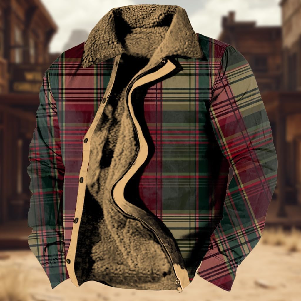 Vintage Washed Checkered Print Graphic Jacket Men's Autumn/Winter Lapel Zipper Fleece Lined Soft Coat Jacket