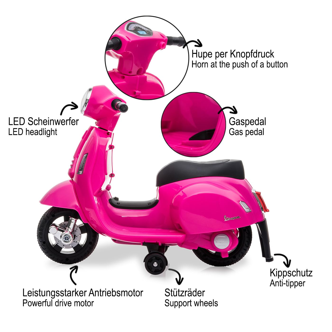 JAMARA 461858 Ride-on Vespa Mini Li-Power 8.4 - Elektroauto Vespa für Kinder ab 18 Monate, Elektro Auto Car, Elektrisch Fahren Kids, Stützräder, Gaspedal, Geschenkidee für Kinder