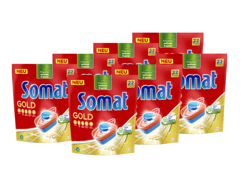 Somat Gold Spülmaschinen Tabs (7 x 22 Tabs), Geschirrspül Tabs für strahlend sauberes Geschirr auch bei niedrigen Temperaturen, Extra-Kraft gegen Eingebranntes