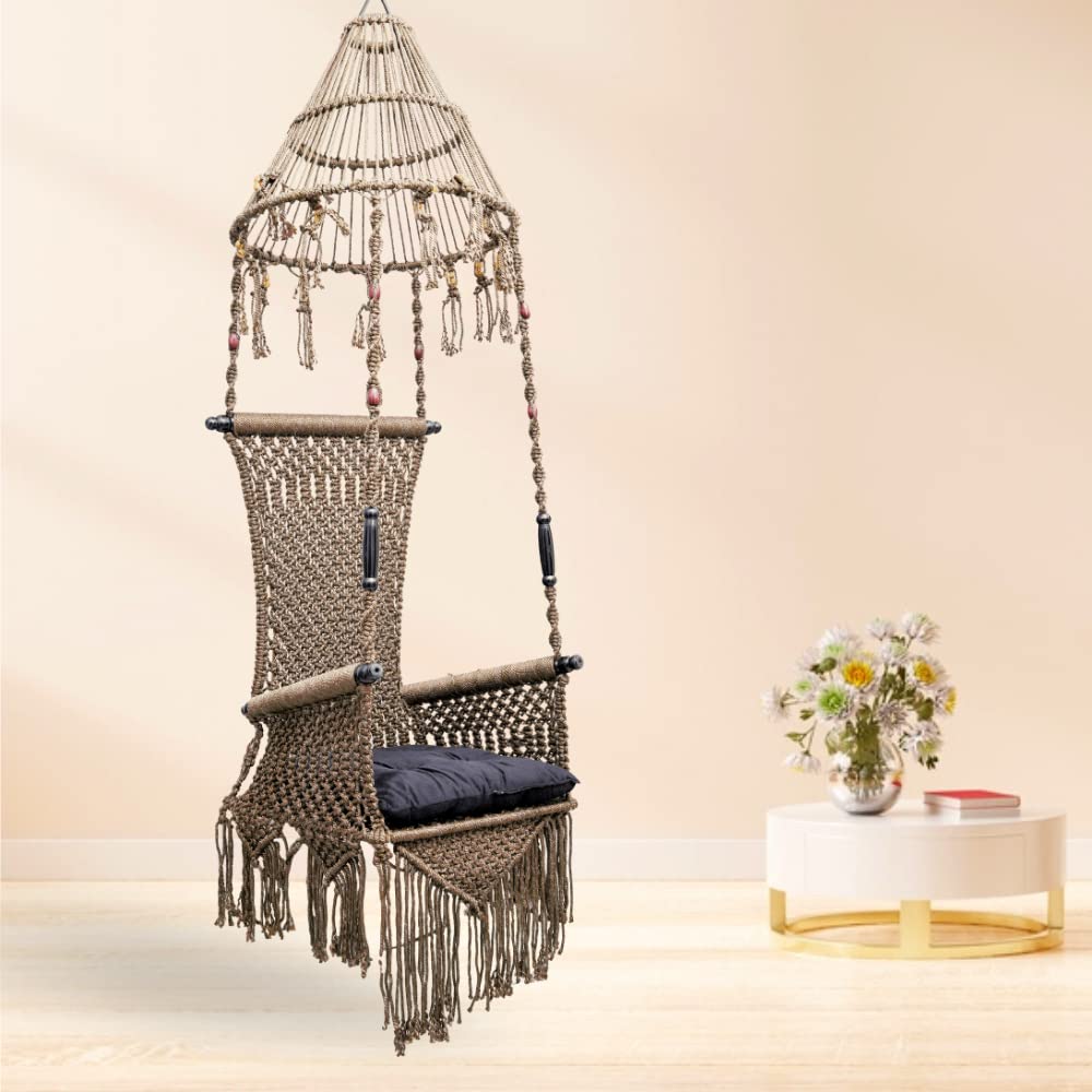 Curio Centre Make in India Premium Maharaja Swing with Polyester Ropes & Mild Steel Frame/Traditional Jhula Swing Chair for Adults/Indoor Outdoor Hanging Swing with Cushion & Accessories-Coffee Color-image-4
