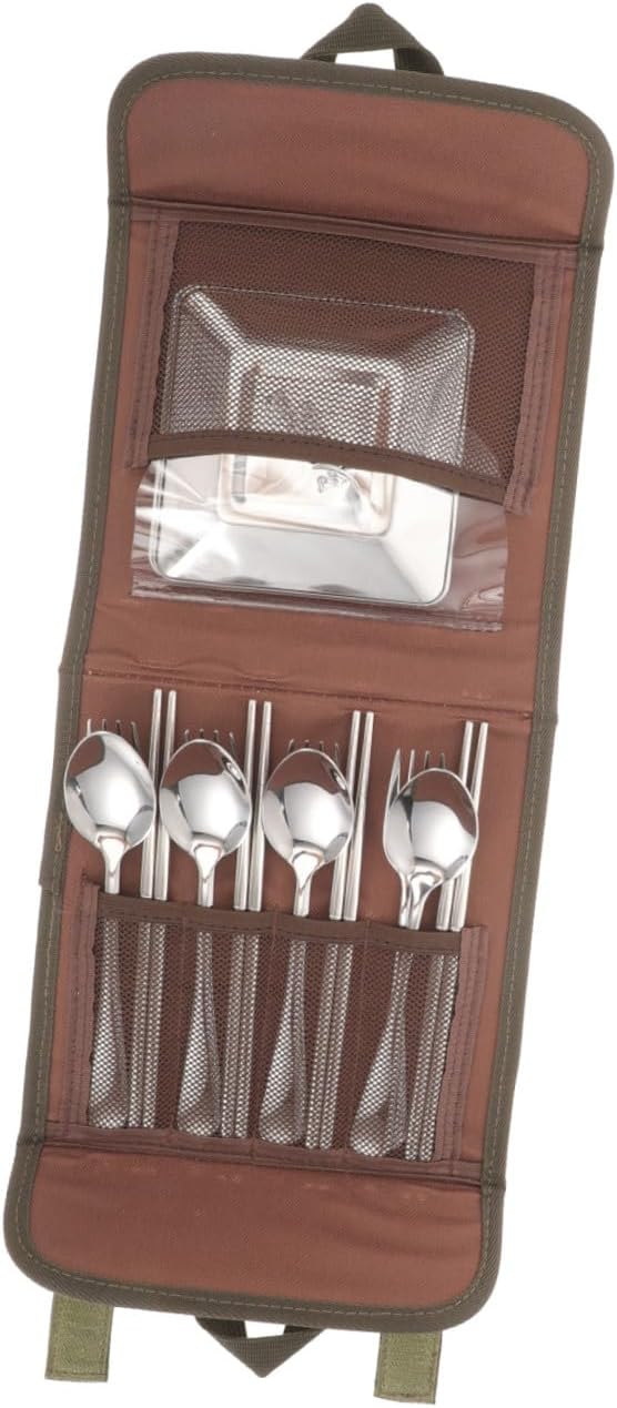 Kisangel Outdoor Stainless Steel Camping Cutlery Set for 4 with Spoon Chopsticks Fork Plate Portable Picnic Barbecue Tableware with Carry Bag Random Color