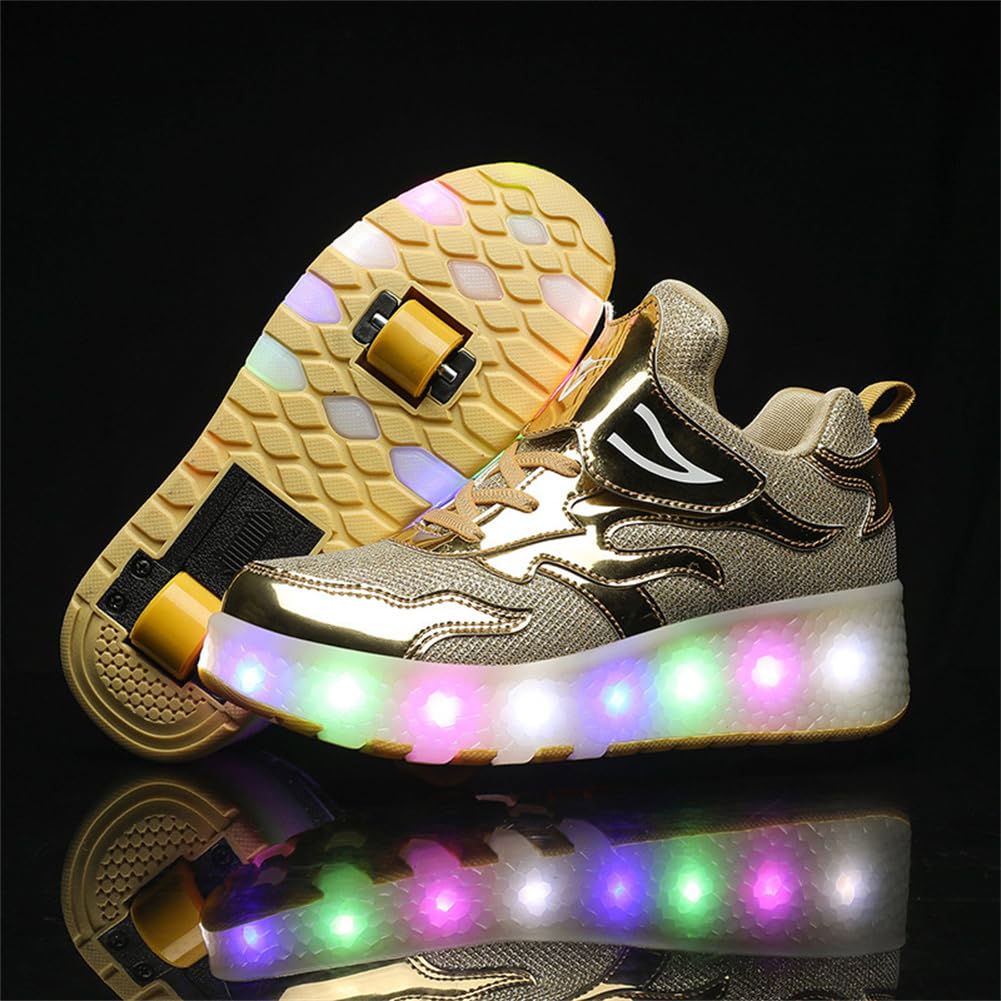 Fansu Zapatillas con 2 Ruedas Niña, Zapatos Patines con Ruedas Luces LED Coloridos Parpadeante 2 en 1, Niño Carga con USB Calzado de Skateboarding al Aire Libre 30-40 EU