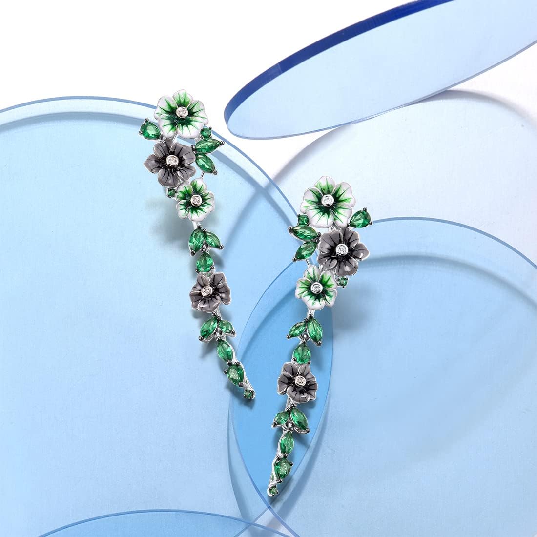 Santuzza Sterling Silver Green Spinel Enamel Peony Flower Earrings for Women - Image 3