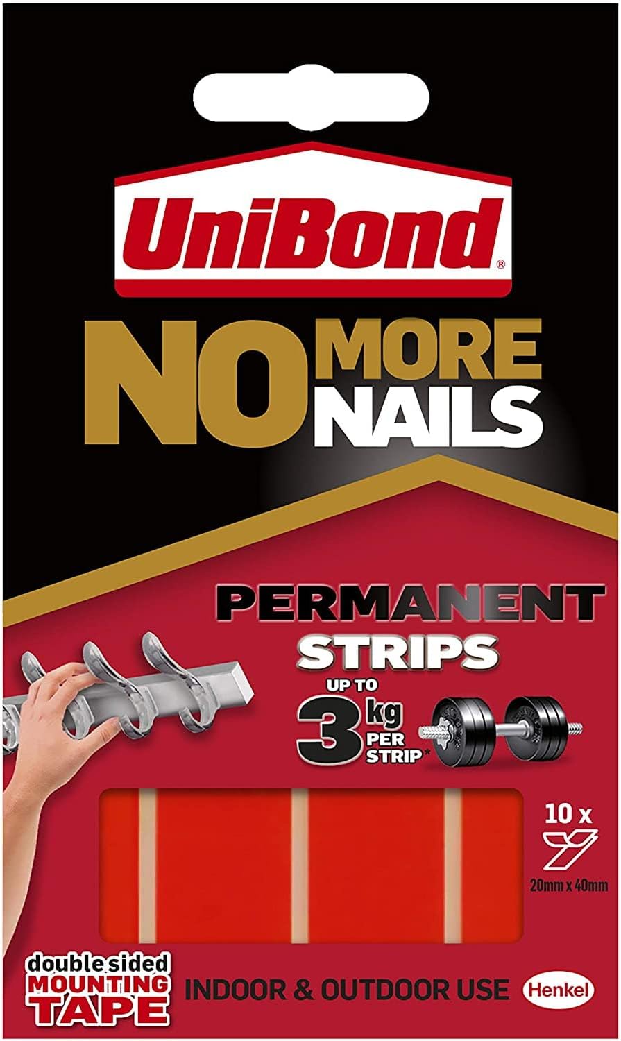 Unibond No More Nails Permanent Strips, Adhesive Strips for Fast & Easy Mounting, Double Sided Sticky Tape for Interior & Exterior Use, Waterproof Tape, Pack of 10