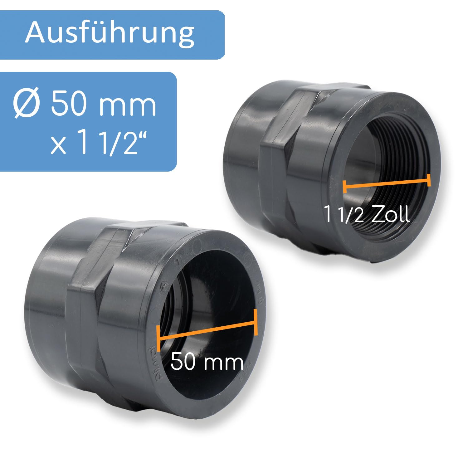 2x PVC Reduziermuffe 50mm auf 1 1/2 Zoll Innengewinde I Reduzierung für 50 mm Muffen I Übergangsmuffe Fitting Klebemuffe Pool für Poolverrohrung I bm018