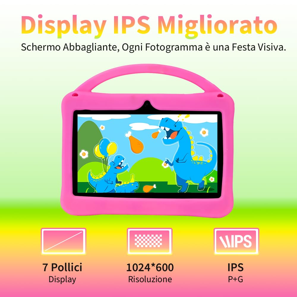 Veidoo Tablet 7" Bambini, 2 GB RAM, 32 GB ROM, App iWawa, Controllo Genitori, Schermo Protezione Oculare, Giochi Educativi, WiFi, Doppia Camera, Custodia Silicone (Rosa)