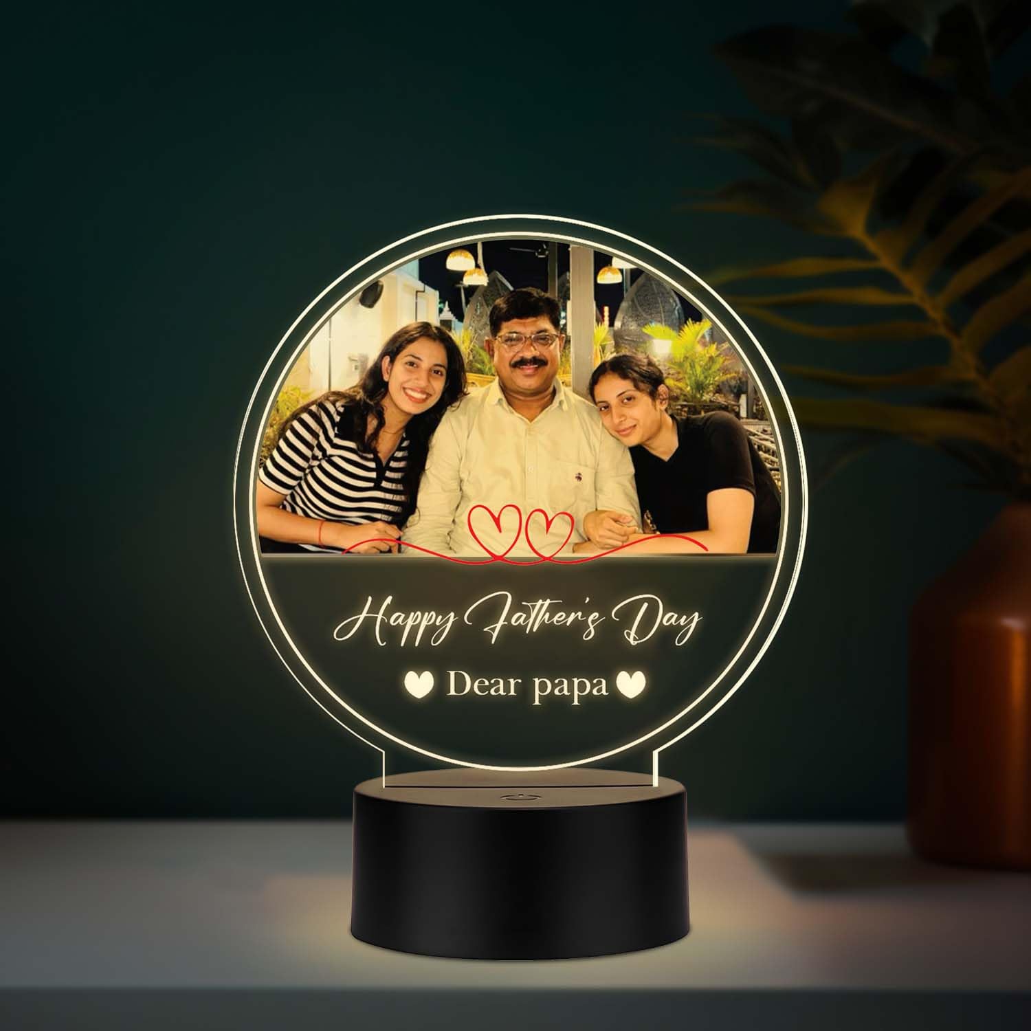 Personalized Happy Fathers Day LED Photo Lamp | Dad with Two Daughters Acrylic Night Lamp with Warm White Light | Memorable Dad Gift from Daughter-image-3