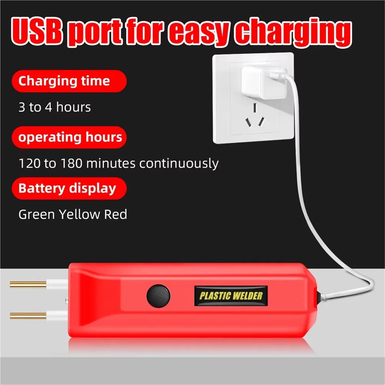 Heißtacker Maschine Drahtloses Kunststoffschweißset mit 200 Klammern, batteriebetrieben USB-C Akku,Schweissset für Plastiktacker (Red-Kit-With-Tool)