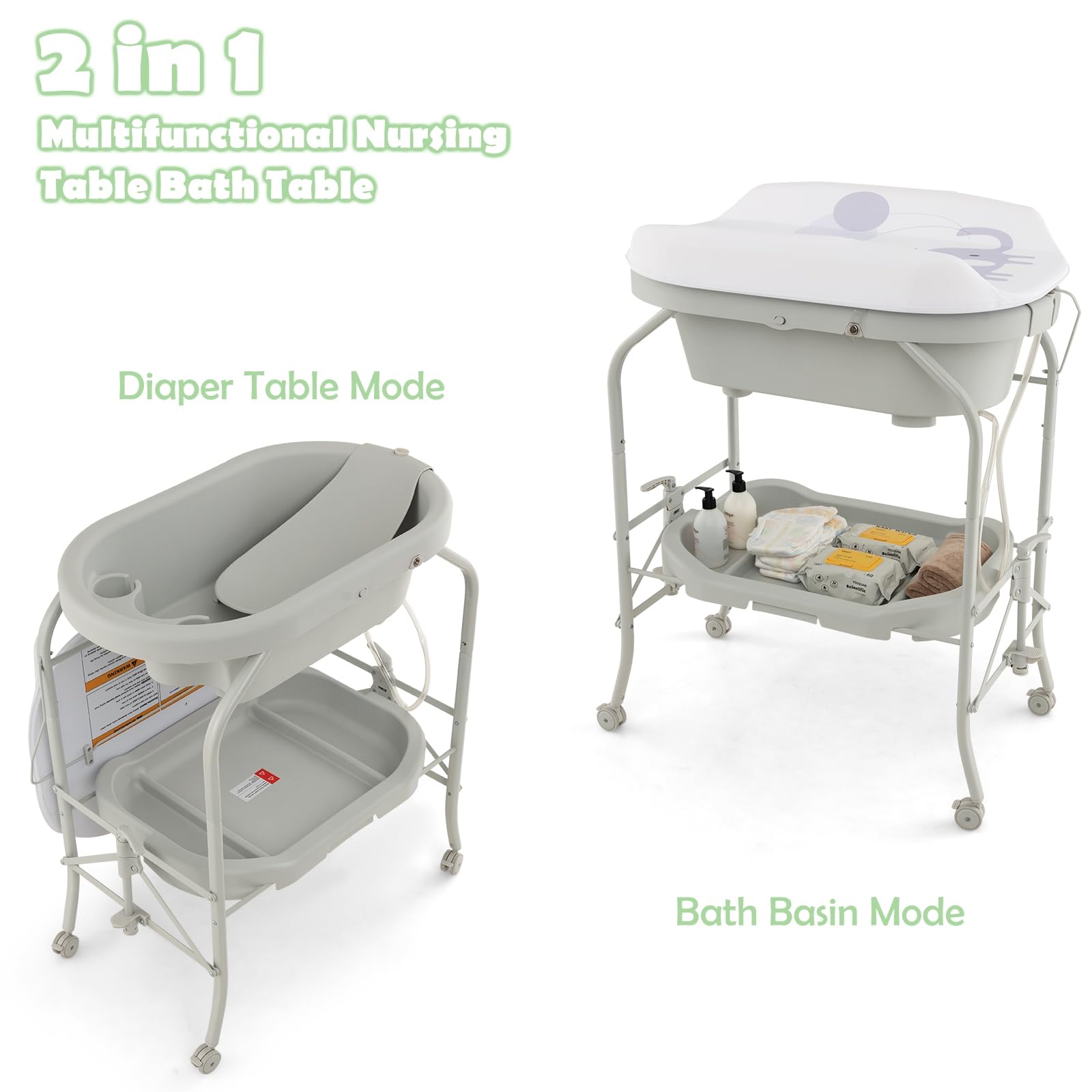 LIFEZEAL Wickeltisch mit Badewanne, 2 in 1 Flatbare Bade-Wickelkombination auf Räder, Badewannenaufsatz Wickelkommode mit offener Ablage, Babybadewanne mit Ständer Max. Belastbarkeit 35kg (Hellgrau)