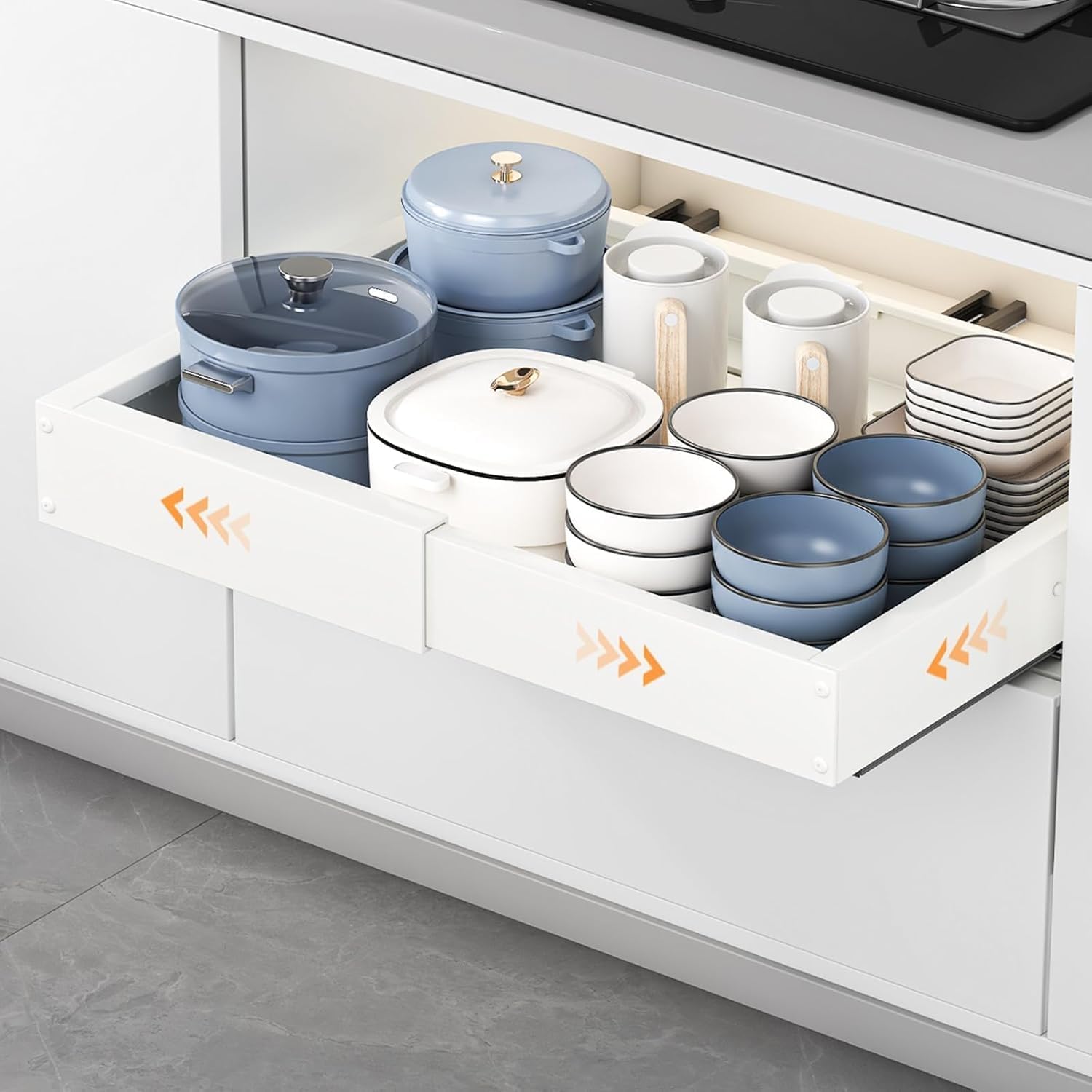 Tiroir Coulissant Cuisine 4 Directions Réglable Blanc 1 Pièce | Acier carbone | Extensible : largeur 29–48 cm, profondeur 41,5–55 cm | Charge 25 kg | Sans perçage ou vis | Rails amortis