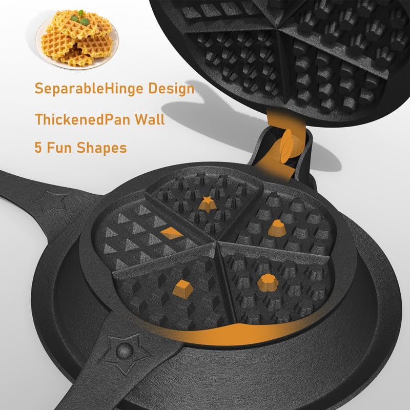 Cast Iron Waffle Maker with Low Base, Retro Waffle Iron with Five Waffles Shapes, Pre-Seasoned Two Piece Hinged Non-Drip Double Rim for Stove Top or Grill Makes (Waffle Irons-1)