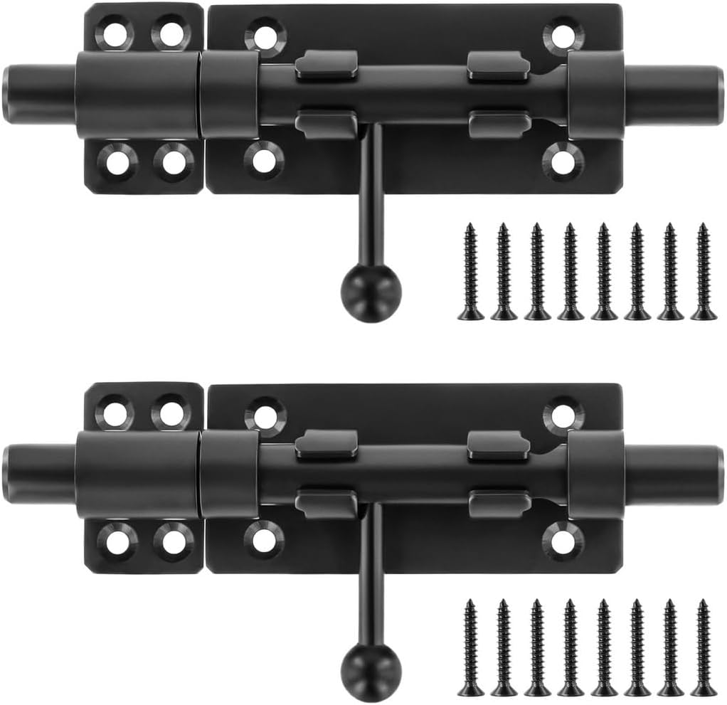6 Inch 2 Pack Barrel Bolt Door Latch Locks, Sliding Stainless Steel Security Bolts with Padlock Hole, for Wooden Fence, Shed, Barn, Gate, Yard Doors