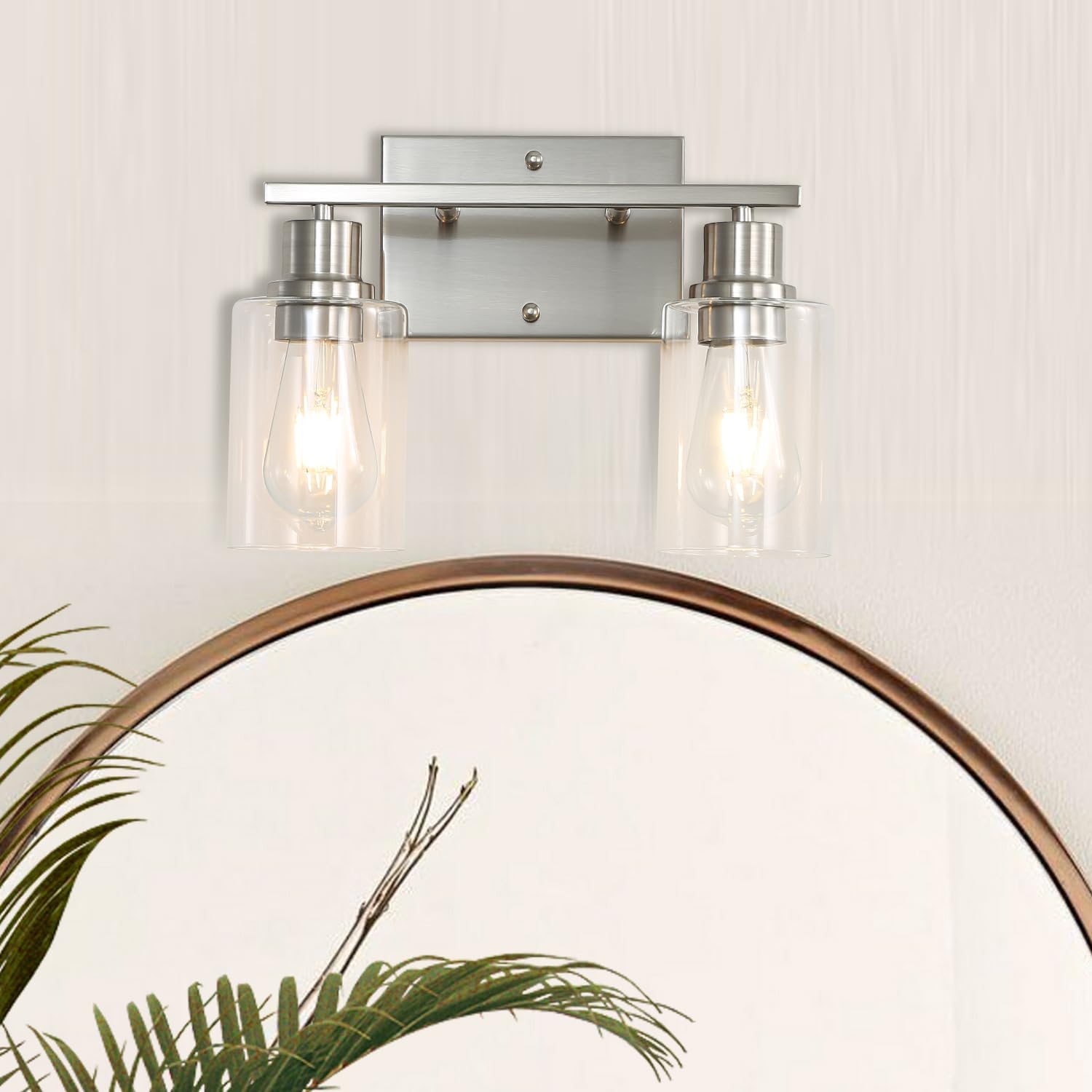 Farmhouse Wall Sconces 2-Lights Brushed Nickel Bathroom Vanity Light Fixtures,Classic Wall Lights with Clear Glass Shades, Modern Wall Lighting ​for Mirror,Bedroom,Living Room