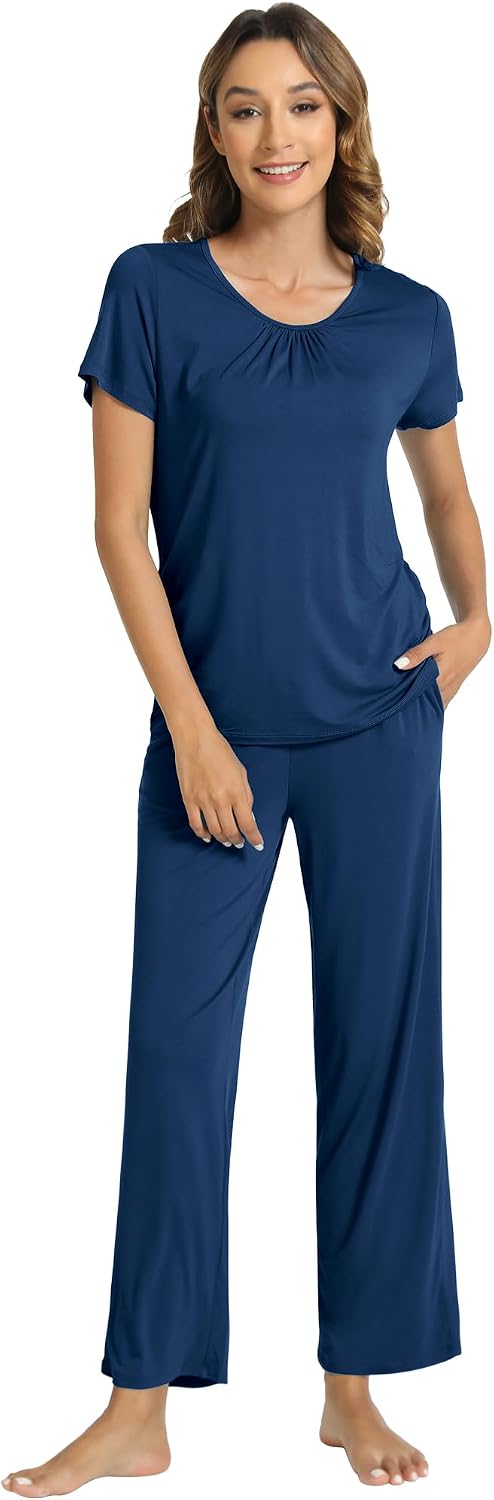WiWi Bamboo Viscose Pajamas for Women Super Soft Cooling Loungewear Short Sleeve Tops and Long Pants Sleepwear S-XXL
