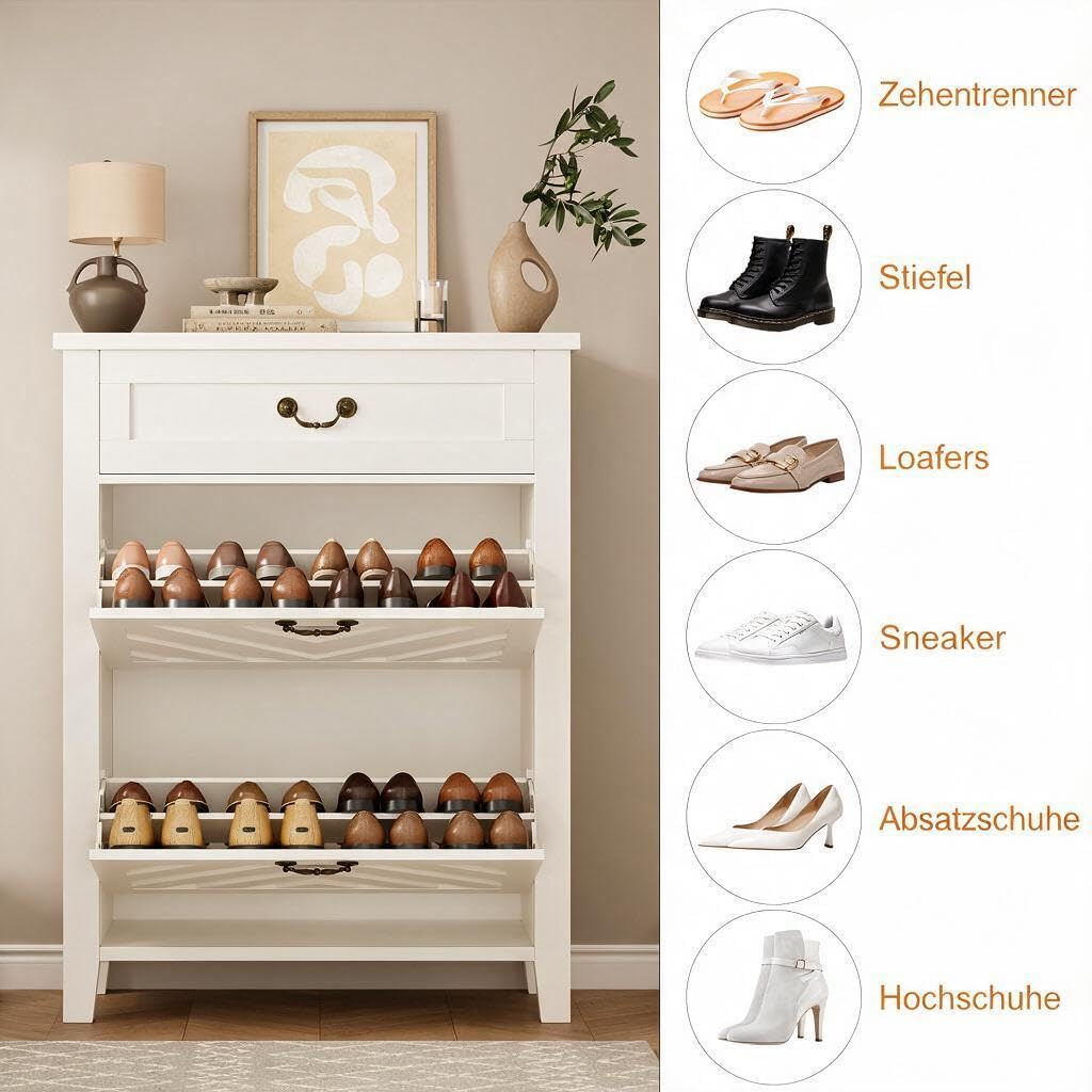 GarveeHome Schuhschrank mit 1 Schublade & 2 Klappen, Schuhregal aus MDF 80 x 27 x 110 cm für Flur & Diele – Schmaler Schuhschrank mit V-förmigen Klappen, Platzsparend, Stabil & Langlebig, Weiß