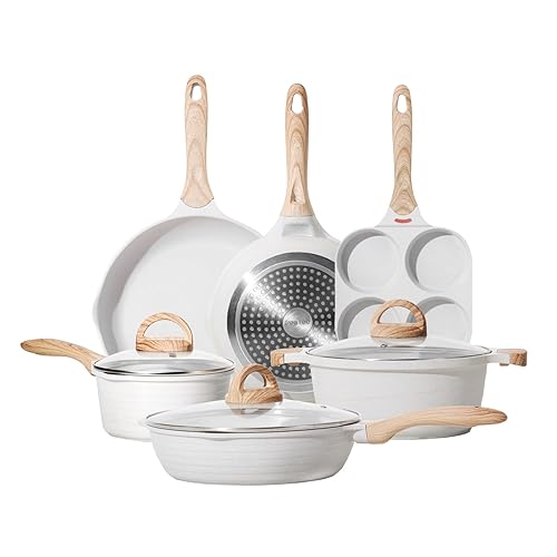 JEETEE Non Stick Pots and Pan Set, White Induction Cookware Sets, Kitchen Pots and Pans Set, 12 Pieces Cooking Pan Set w/Frying Pan, Saucepan, Saute/Egg Pan (PFOA Free) - 12 PCS