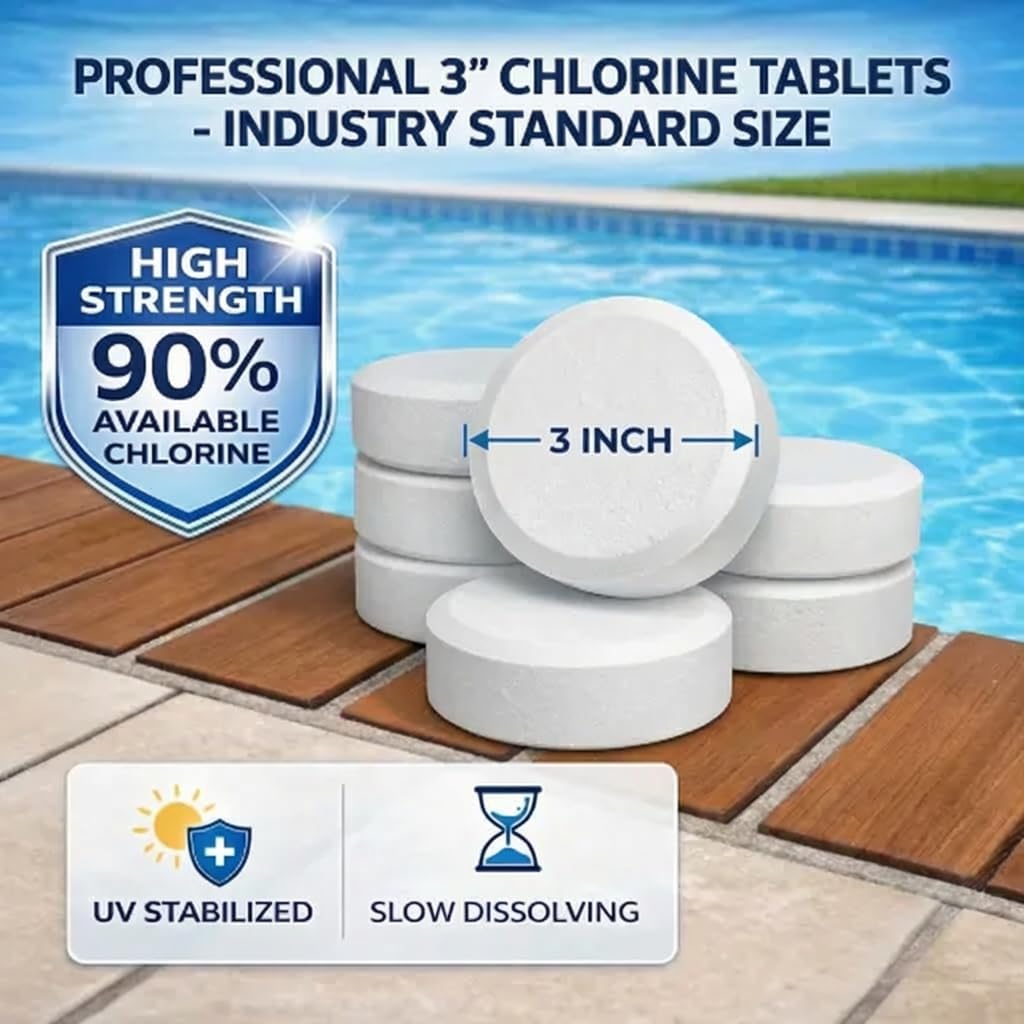 Chlorine Tablets 3 Inch for Sanitizing Swimming Pools | 99% Pure Tri-Chlor, 90% Available Chlorine | Slow-Dissolving, UV-Protected | Exclusive Protective Packaging, 50lb Bucket