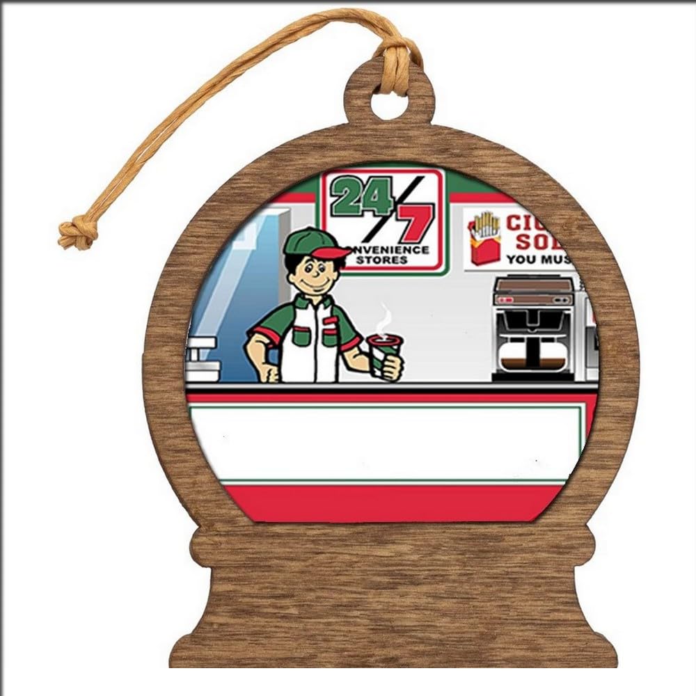 PrintedPerfection.com Personalized Convenience Store Male Wooden Snow Globe Shaped Christmas Ornament