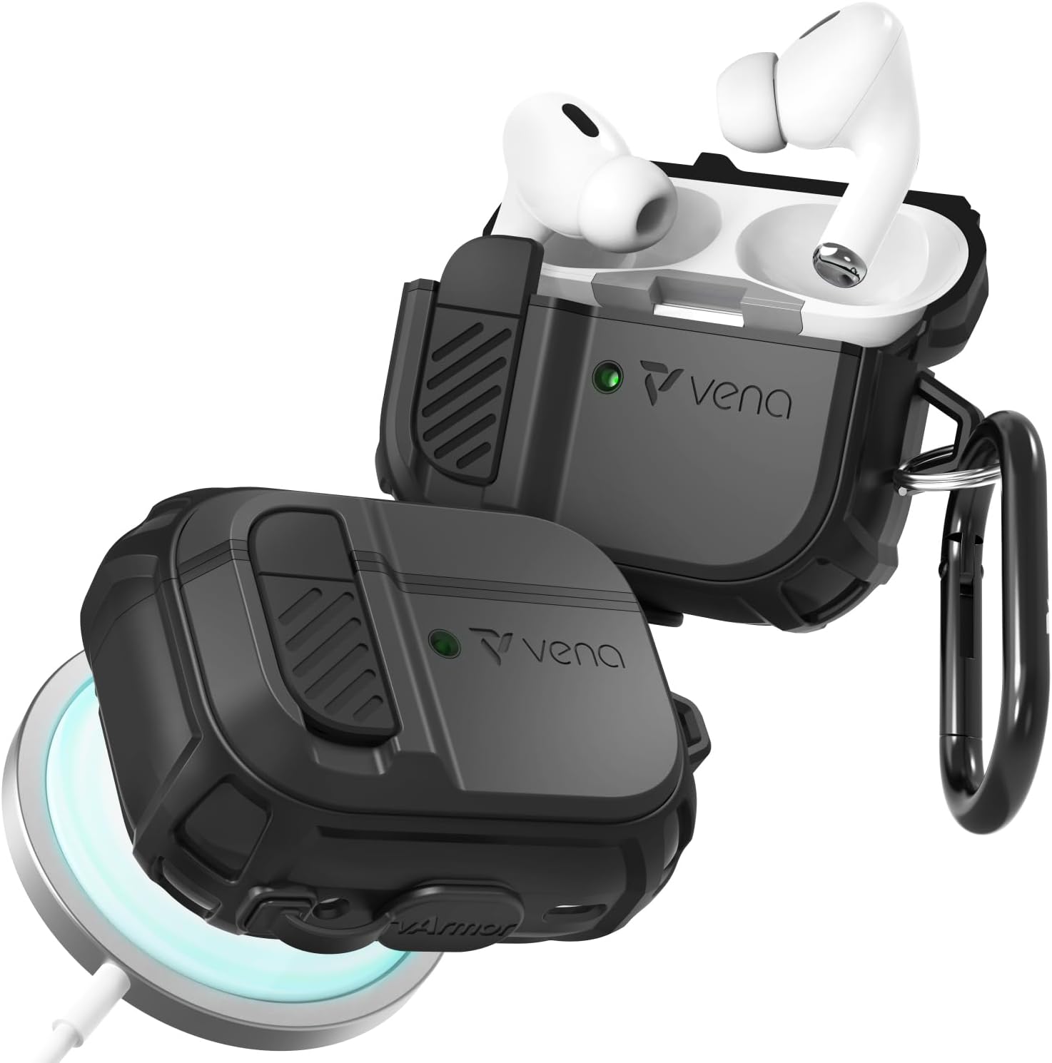 VENA vArmor Rugged Case For Apple AirPods Pro 2, (Secure Lock Mechanism) Heavy Duty Full Body Shockproof Protection Cover With Carabiner for AirPods Pro 2nd Generation 2022 - Graphite Gray/Black