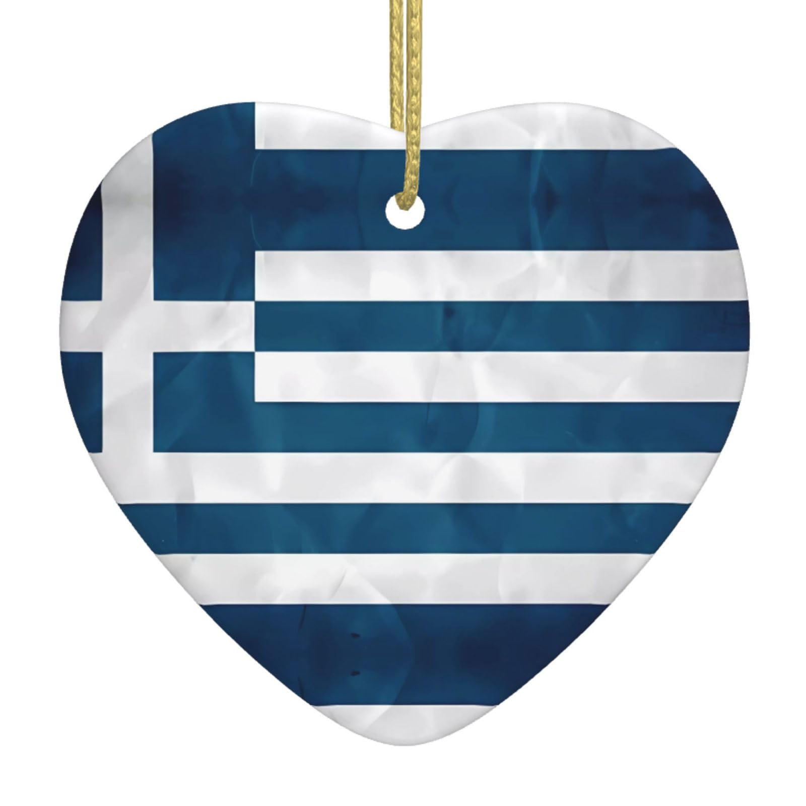 Greek Flag Ceramic Christmas Heart Pendant with Silk Thread, Christmas Tree Home Decoration