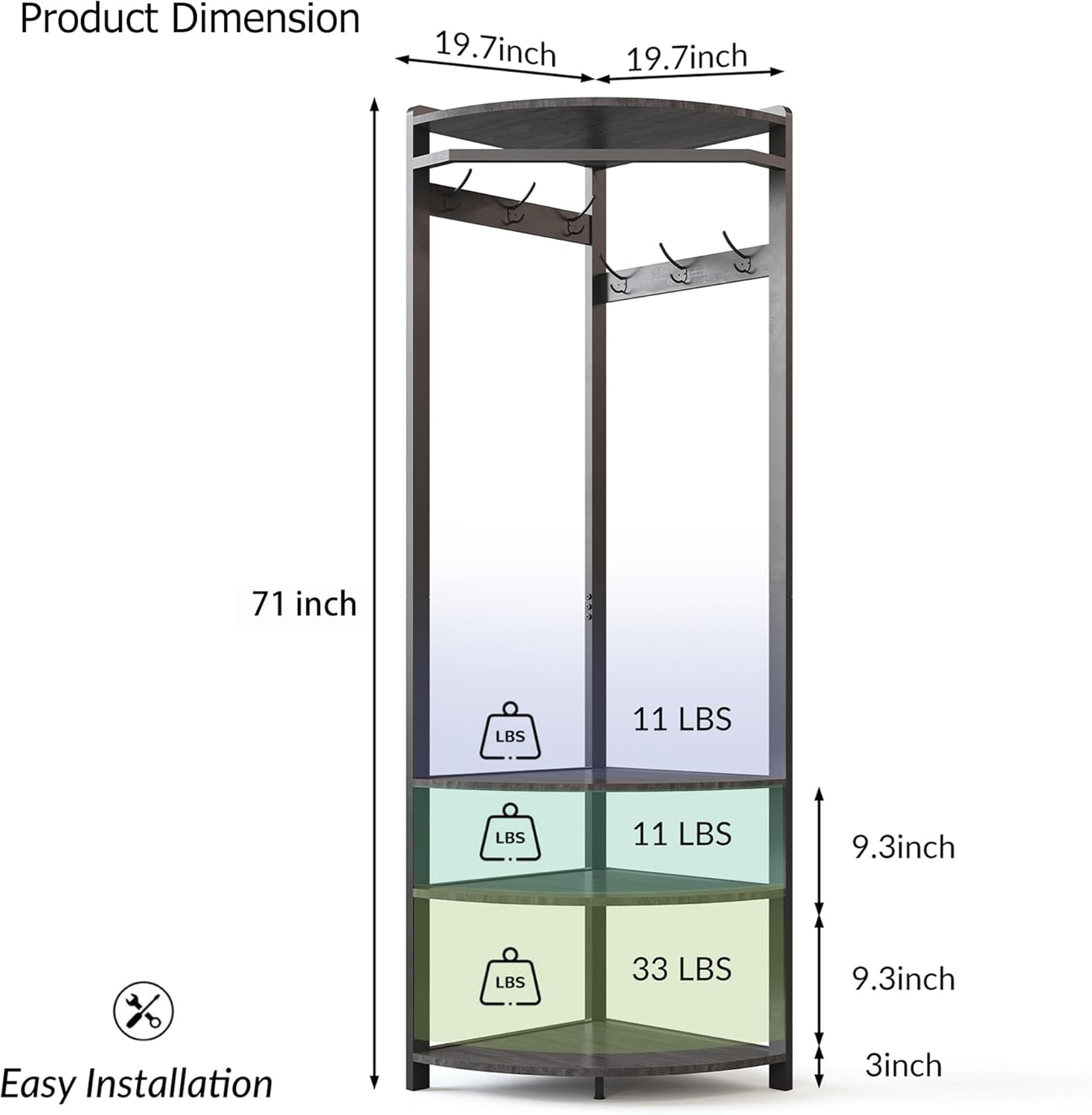 Corner Hall Tree with Shoe Bench & 6 Double Hooks, Space-Saving Entryway Corner Coat Rack with Storage Organizer & Shelf, Multi-Functional Hallway Storage Tree for Entryway, Hallway, Rustic Grey