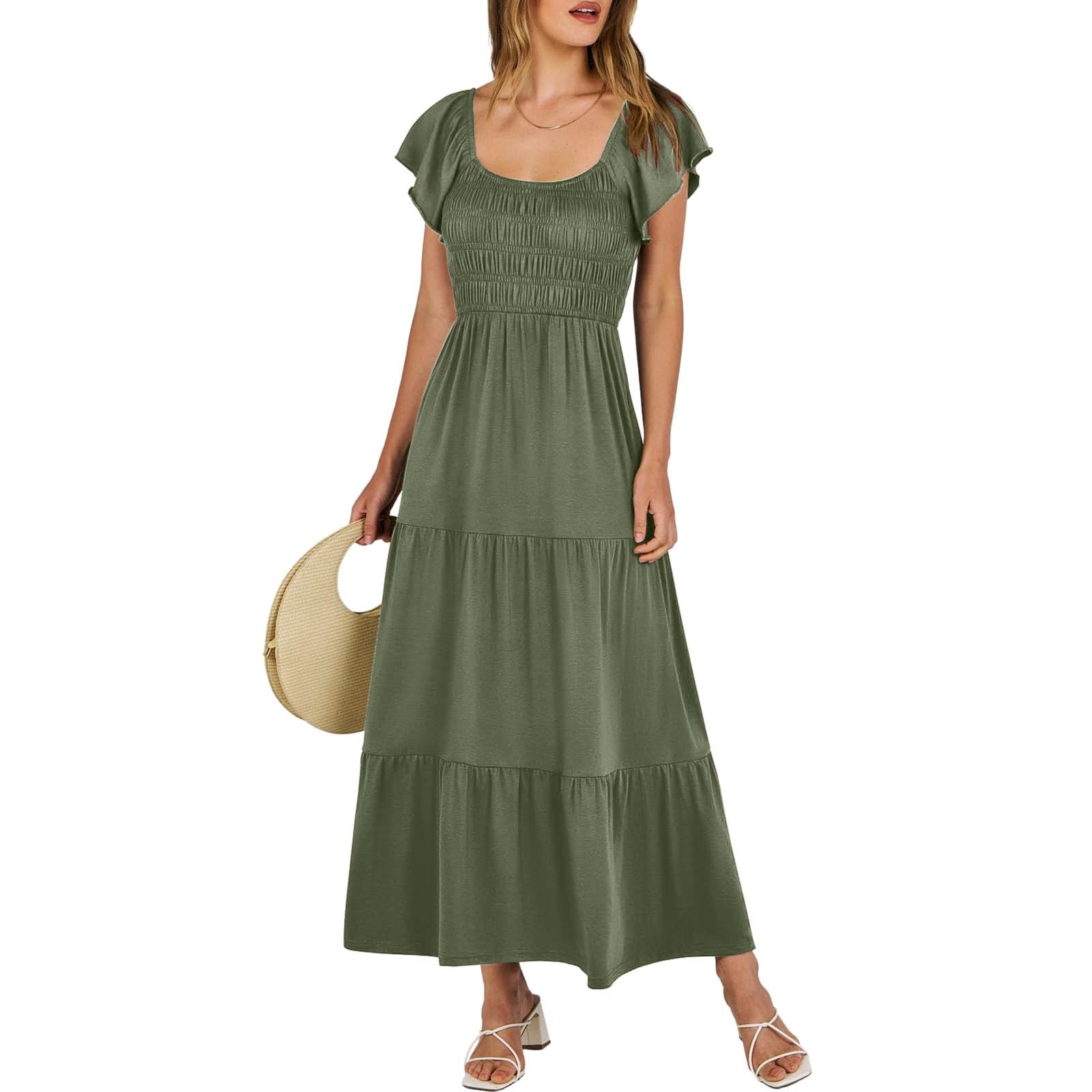 Vestido largo de verano para mujer, informal, manga corta, cuello en V, cintura elástica