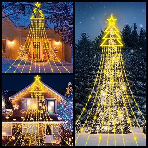 Christmas Lights Outdoor, 340 LEDs Waterfall Christmas Tree Lights with Christmas Tree Model - 8 Lighting Modes Fairy Lights with Remote for Home Xmas Tree Garden Yard Party Wedding Decor-Warm White