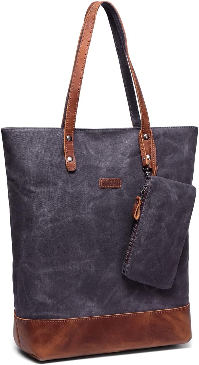 VASCHYTote Bag, Vintage Canvas 15.6inch Laptop Bag for Women Water Resistant Leather Work Bag with Padded Laptop Sleeve Handbag Shoulder Bag with Pouch Phone Bag for Shopping Office School(Grey)