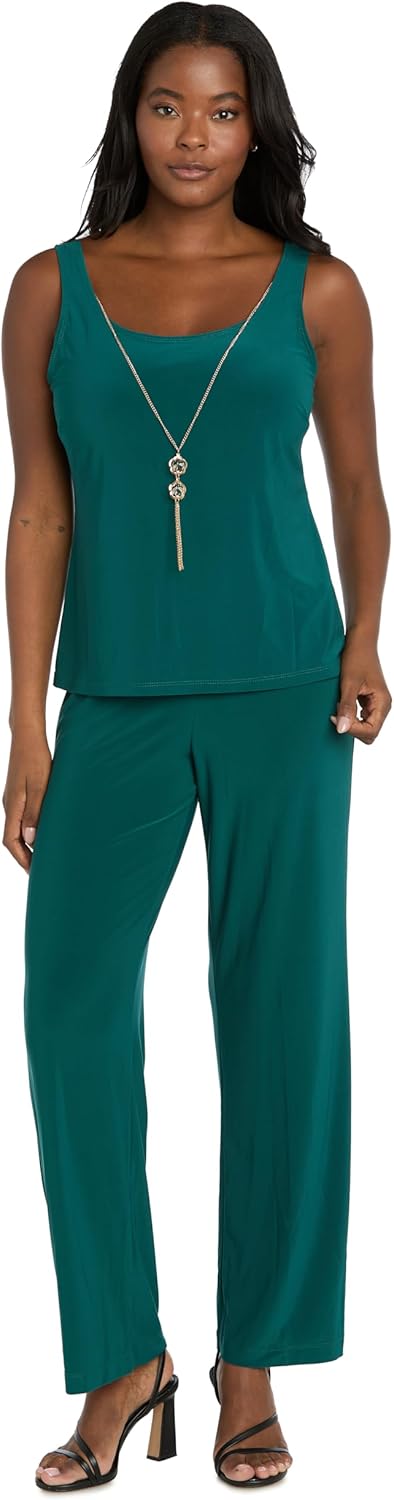 R&M Richards Women's 3-Piece Soutache Ribbon Duster Pantsuit W/Embroidered Jacket, Tank Top W/Necklace & Straight Leg Pants
